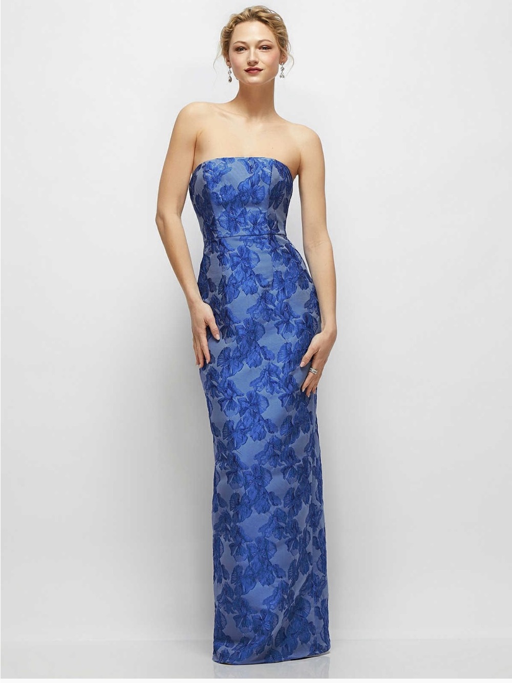 Dessy Strapless Floral Lace Evening Gown in Royal Blue- NWT